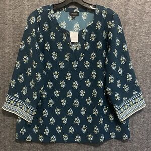 NEW J Jill Top Women M Green Floral Wearever Collection Boho Cottagecore Popover